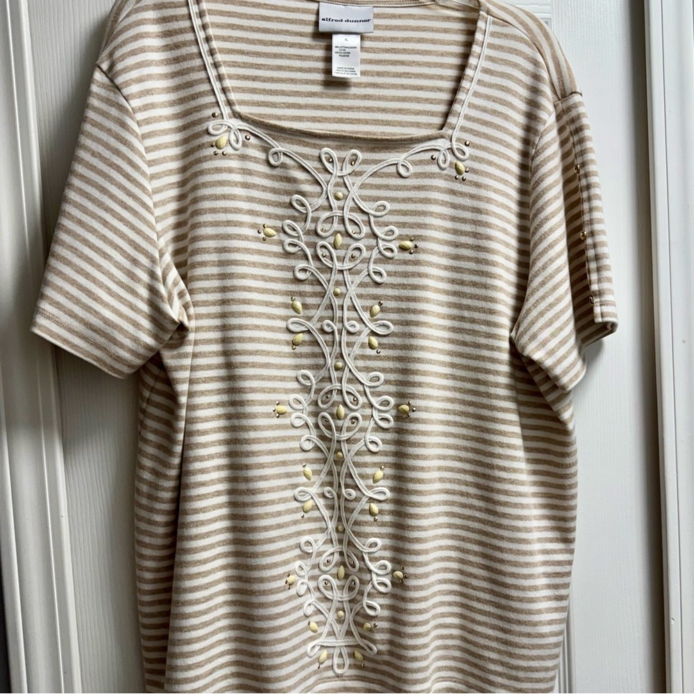 Alfred Dunner Short Sleeve Top Tan and White Strips Embellished Square Neck